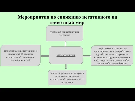 Мероприятия по снижению негативного на животный мир МЕРОПРИЯТИЯ установка птицезащитных устройств запрет