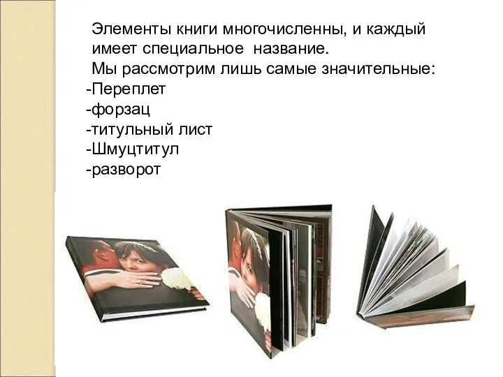 Элементы книги многочисленны, и каждый имеет специальное название. Мы рассмотрим лишь самые