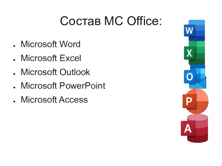 Состав MC Office: Microsoft Word Microsoft Excel Microsoft Outlook Microsoft PowerPoint Microsoft Access