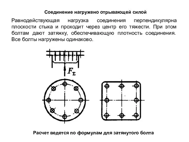 Равнодействующая нагрузка соединения перпендикулярна плоскости стыка и проходит через центр его тяжести.
