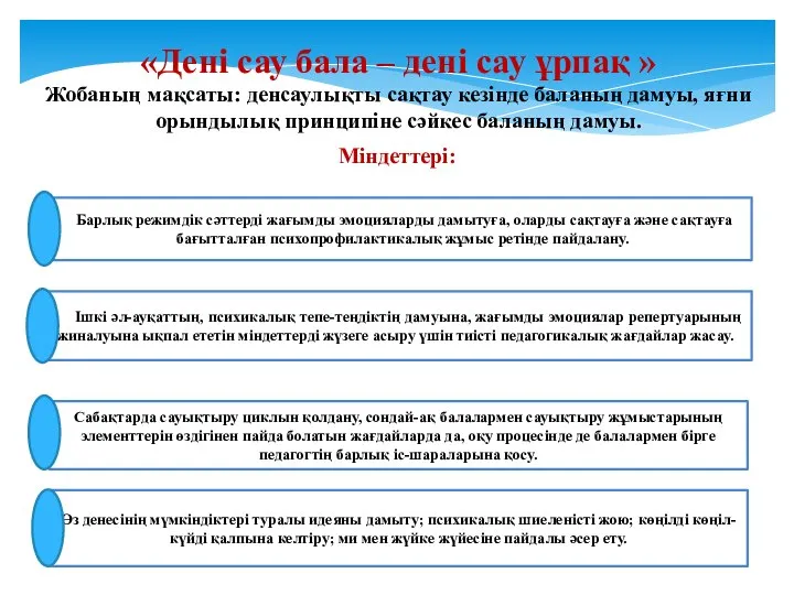 Барлық режимдік сәттерді жағымды эмоцияларды дамытуға, оларды сақтауға және сақтауға бағытталған психопрофилактикалық