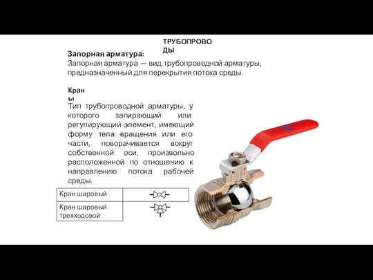 ТРУБОПРОВОДЫ Краны Запорная арматура: Запорная арматура — вид трубопроводной арматуры, предназначенный для