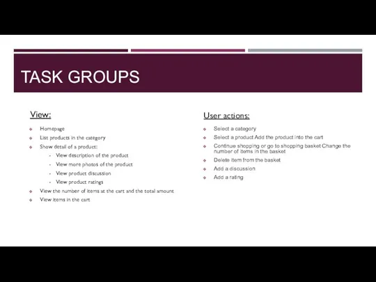 TASK GROUPS View: Homepage List products in the category Show detail of