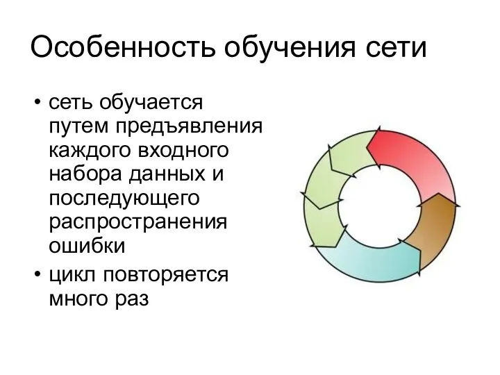 Особенность обучения сети сеть обучается путем предъявления каждого входного набора данных и