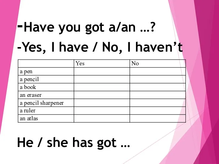 -Have you got a/an …? -Yes, I have / No, I haven’t