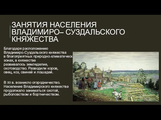 ЗАНЯТИЯ НАСЕЛЕНИЯ ВЛАДИМИРО– СУЗДАЛЬСКОГО КНЯЖЕСТВА Благодаря расположению Владимиро-Суздальского княжества в благоприятных природно-климатических