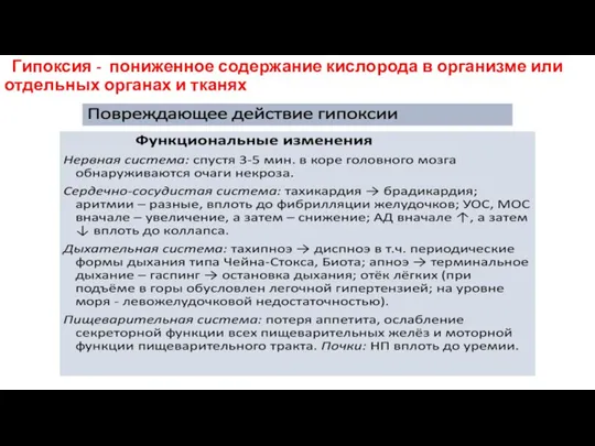 Гипоксия - пониженное содержание кислорода в организме или отдельных органах и тканях