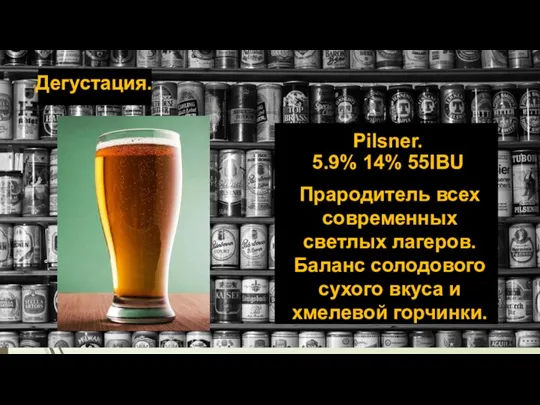 Дегустация. Pilsner. 5.9% 14% 55IBU Прародитель всех современных светлых лагеров. Баланс солодового