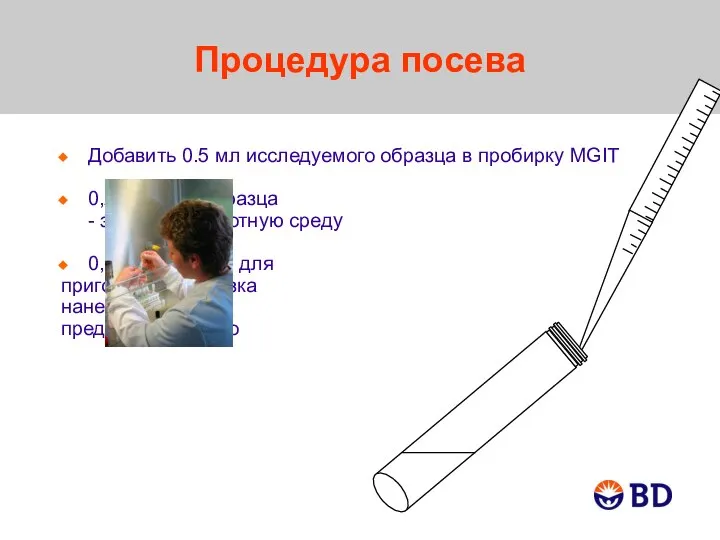 Процедура посева Добавить 0.5 мл исследуемого образца в пробирку MGIT 0,2 –