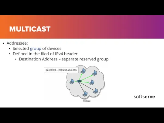 MULTICAST Addressee: Selected group of devices Defined in the filed of IPv4