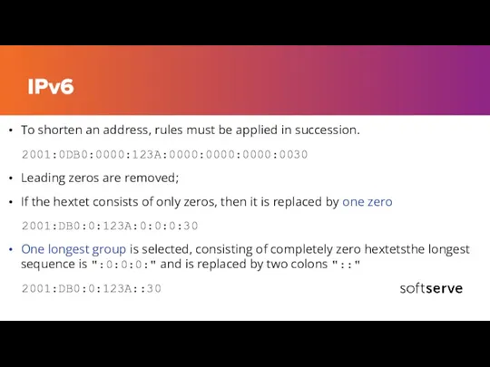 IPv6 To shorten an address, rules must be applied in succession. 2001:0DB0:0000:123A:0000:0000:0000:0030