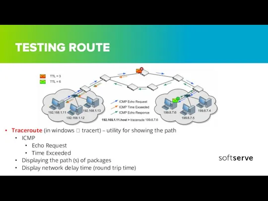 TESTING ROUTE Traceroute (in windows ? tracert) – utility for showing the