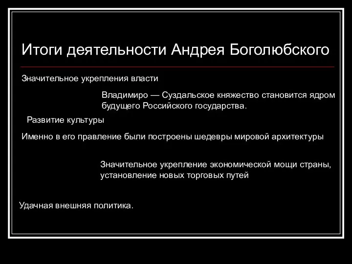 Итоги деятельности Андрея Боголюбского Итоги деятельности Андрея Боголюбского Значительное укрепления власти Владимиро