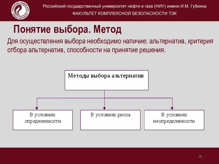 Понятие выбора. Метод Для осуществления выбора необходимо наличие: альтернатив, критерия отбора альтернатив, способности на принятие решения.