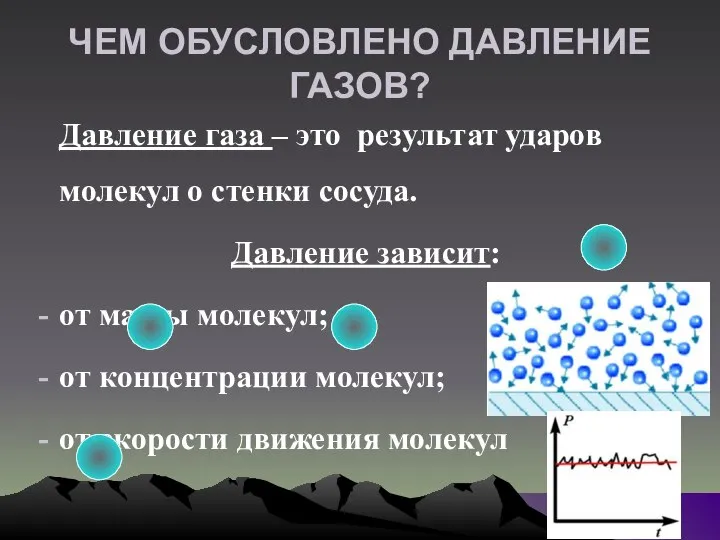 ЧЕМ ОБУСЛОВЛЕНО ДАВЛЕНИЕ ГАЗОВ? Давление газа – это результат ударов молекул о