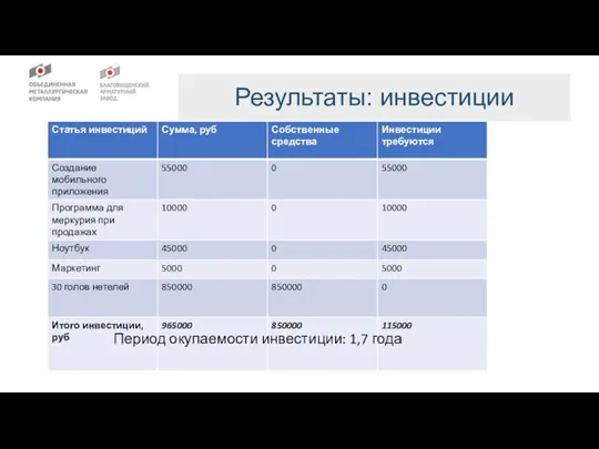 Результаты: инвестиции Период окупаемости инвестиции: 1,7 года