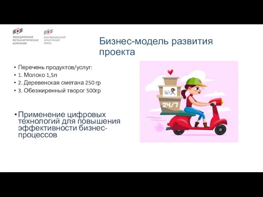 Бизнес-модель развития проекта Перечень продуктов/услуг: 1. Молоко 1,5л 2. Деревенская сметана 250