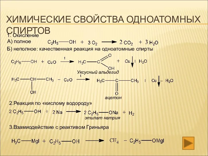 ХИМИЧЕСКИЕ СВОЙСТВА ОДНОАТОМНЫХ СПИРТОВ 1. Окисление А) полное Б) неполное: качественная реакция