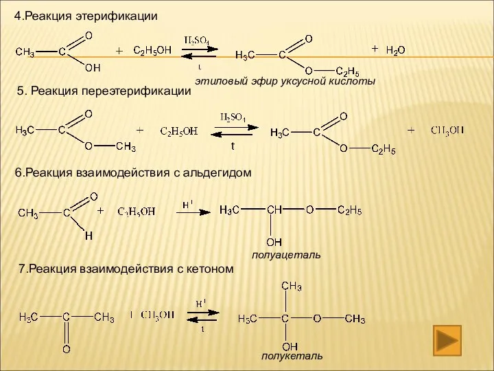 4.Реакция этерификации 5. Реакция переэтерификации 6.Реакция взаимодействия с альдегидом 7.Реакция взаимодействия с