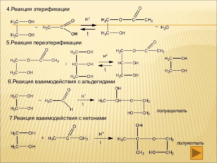 4.Реакция этерификации 5.Реакция переэтерификации 6.Реакция взаимодействия с альдегидами 7.Реакция взаимодействия с кетонами полуацеталь полукеталь