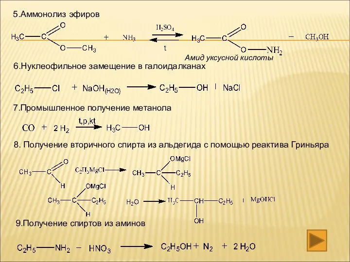 5.Аммонолиз эфиров 6.Нуклеофильное замещение в галоидалканах 7.Промышленное получение метанола 8. Получение вторичного