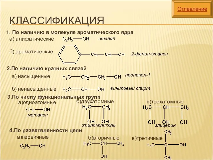 КЛАССИФИКАЦИЯ 1. По наличию в молекуле ароматического ядра 2.По наличию кратных связей