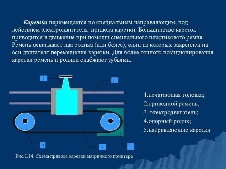 1.печатающая головка; 2.приводной ремень; 3. электродвигатель; 4.опорный ролик; 5.направляющие каретки Рис.1.14. Схема