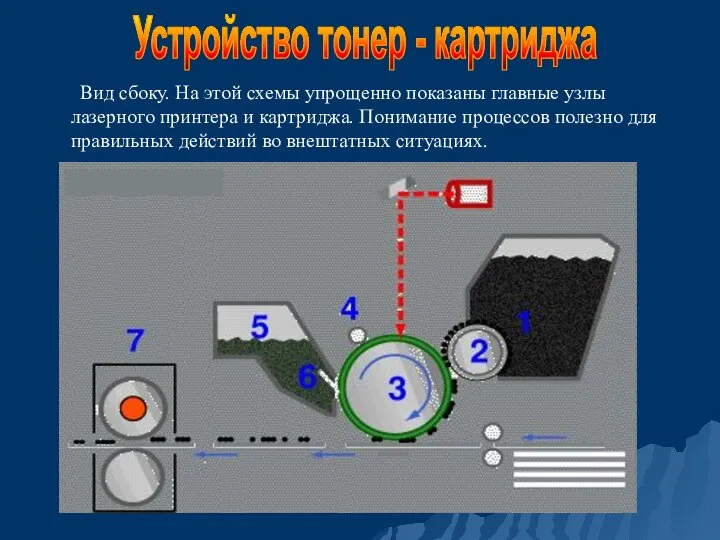 Вид сбоку. На этой схемы упрощенно показаны главные узлы лазерного принтера и