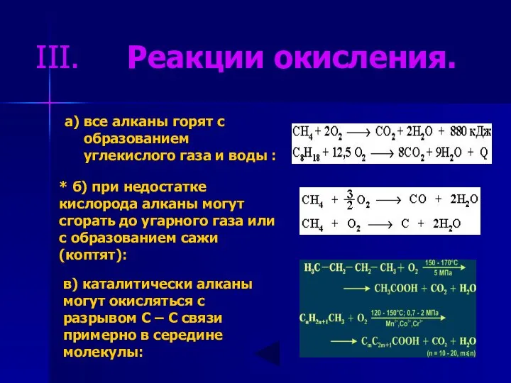 Реакции окисления. а) все алканы горят с образованием углекислого газа и воды