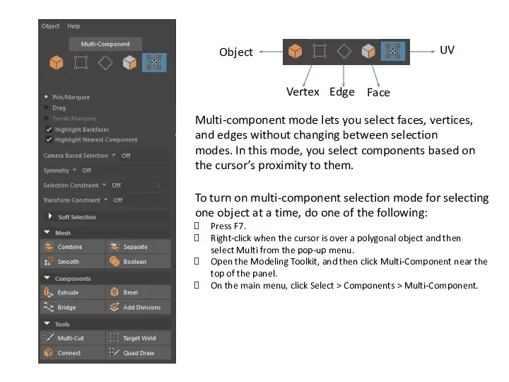 Vertex Face Edge UV Object Multi-component mode lets you select faces, vertices,