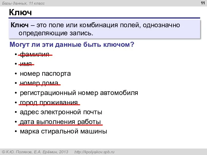 Ключ Ключ – это поле или комбинация полей, однозначно определяющие запись. Могут