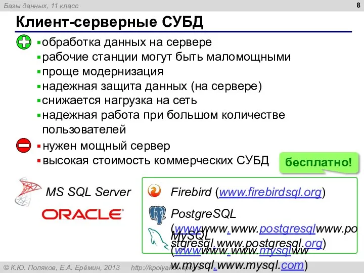 Клиент-серверные СУБД обработка данных на сервере рабочие станции могут быть маломощными проще