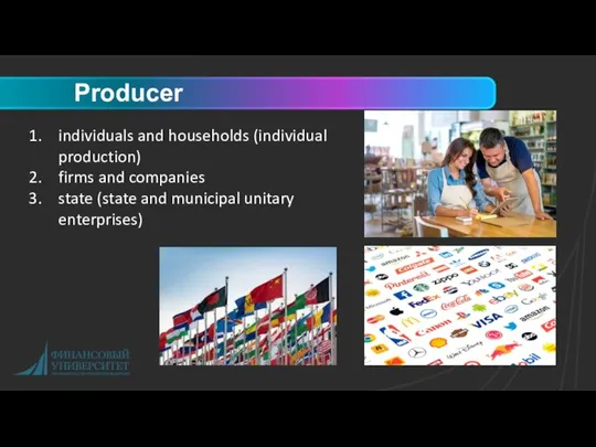 Producer individuals and households (individual production) firms and companies state (state and municipal unitary enterprises)
