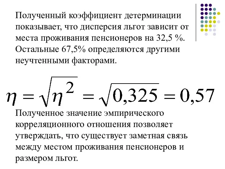 Полученный коэффициент детерминации показывает, что дисперсия льгот зависит от места проживания пенсионеров