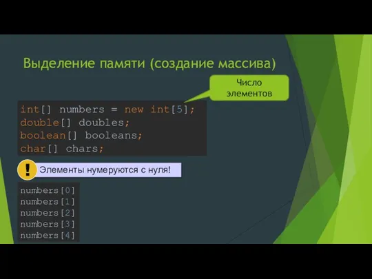 Выделение памяти (создание массива) int[] numbers = new int[5]; double[] doubles; boolean[]