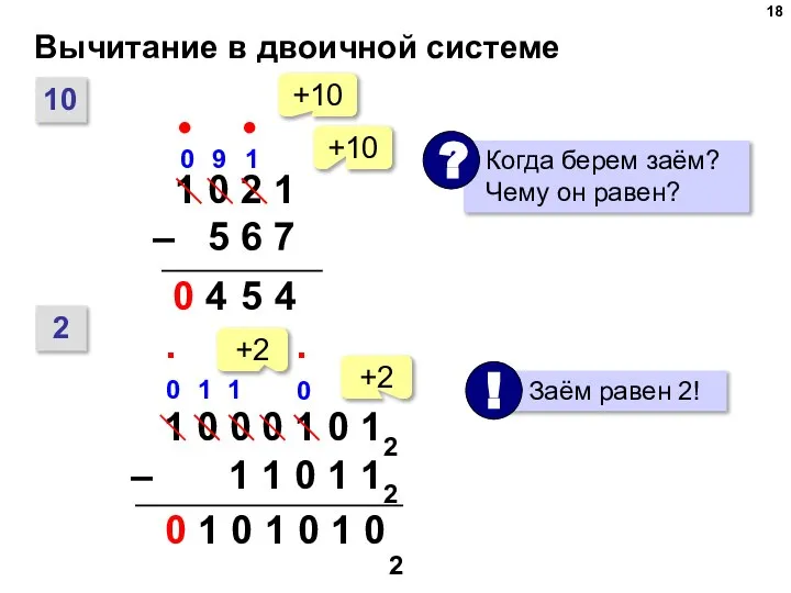 Вычитание в двоичной системе 10 4 5 4 9 • • 0