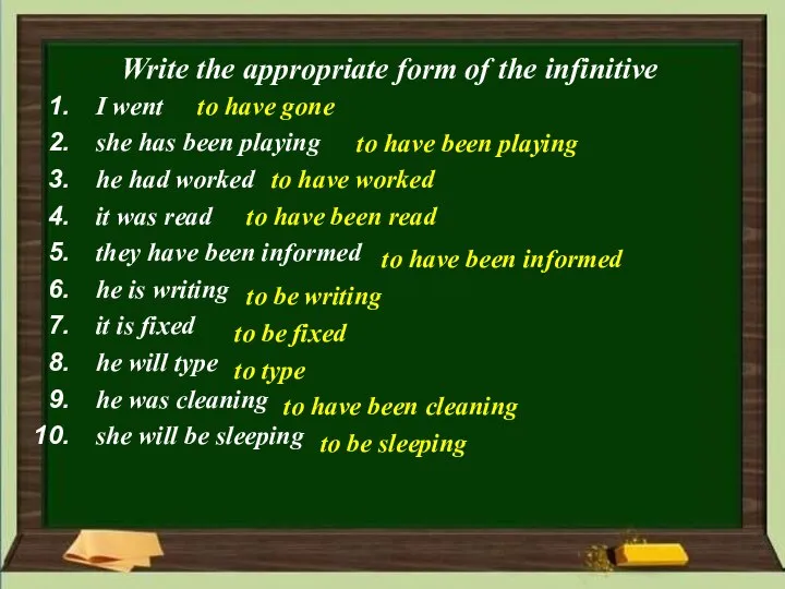 Write the appropriate form of the infinitive I went she has been