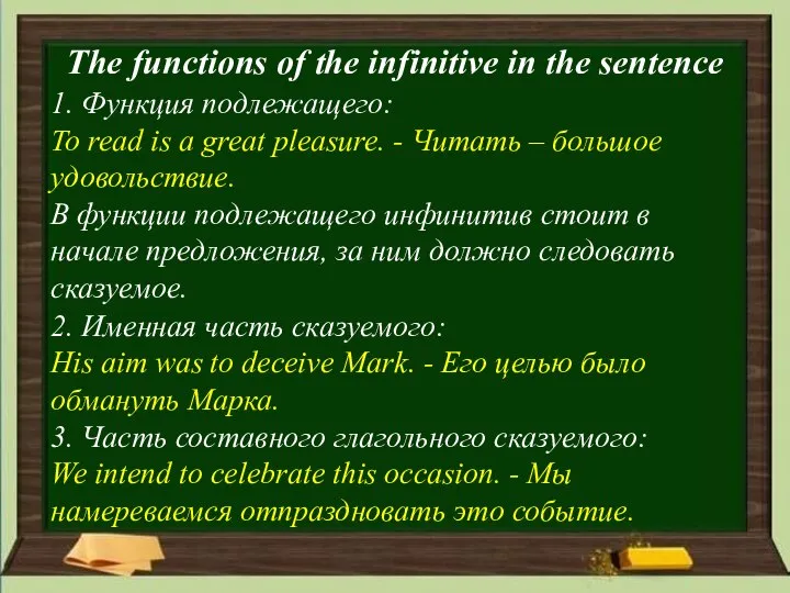 The functions of the infinitive in the sentence 1. Функция подлежащего: To