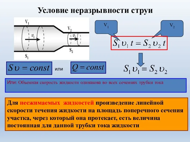 Условие неразрывности струи V2 V1 или Для несжимаемых жидкостей произведение линейной скорости