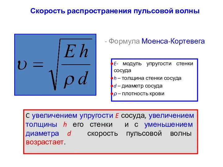 Скорость распространения пульсовой волны - Формула Моенса-Кортевега E- модуль упругости стенки сосуда