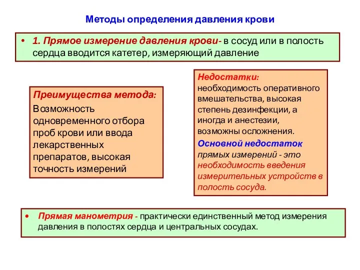 Методы определения давления крови 1. Прямое измерение давления крови- в сосуд или