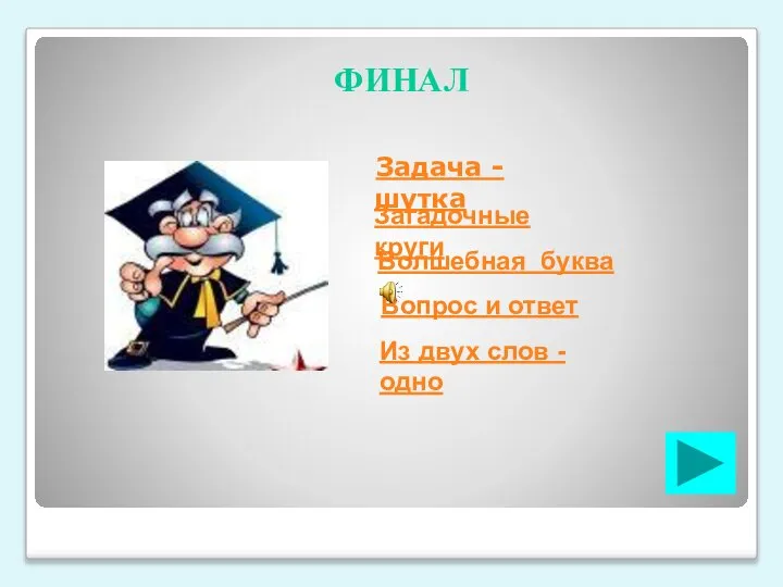 ФИНАЛ Задача - шутка Загадочные круги Волшебная буква Вопрос и ответ Из двух слов - одно