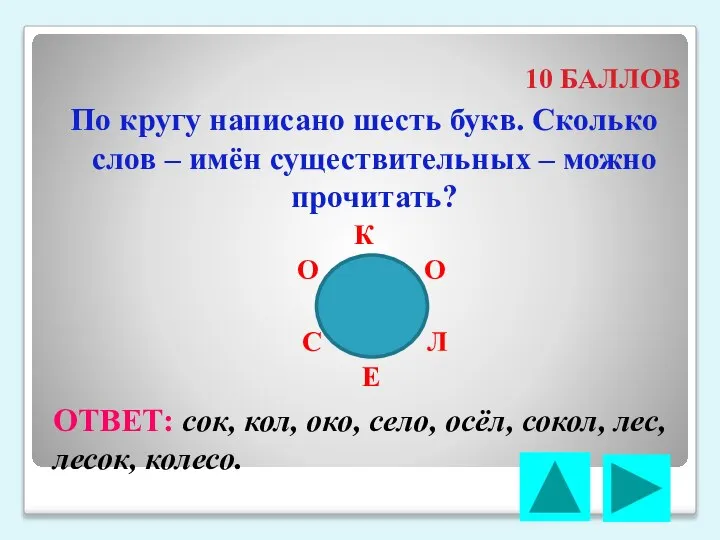 10 БАЛЛОВ По кругу написано шесть букв. Сколько слов – имён существительных