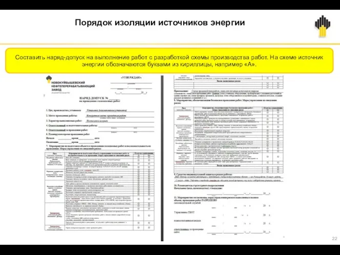 Порядок изоляции источников энергии Составить наряд-допуск на выполнение работ с разработкой схемы