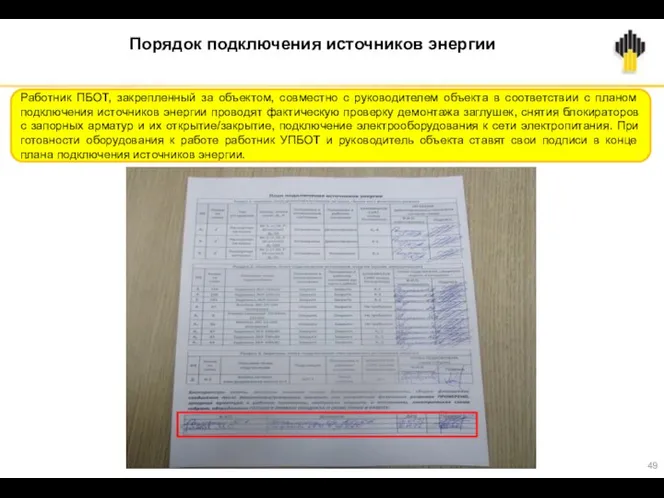 Порядок подключения источников энергии Работник ПБОТ, закрепленный за объектом, совместно с руководителем