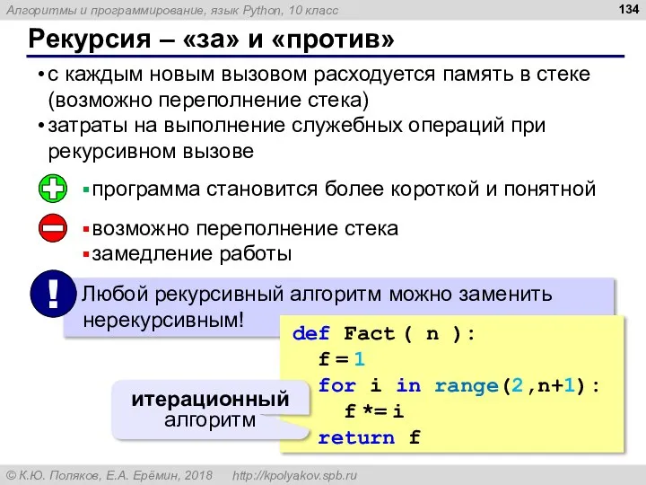 Рекурсия – «за» и «против» с каждым новым вызовом расходуется память в