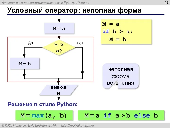 Условный оператор: неполная форма неполная форма ветвления M = a if b