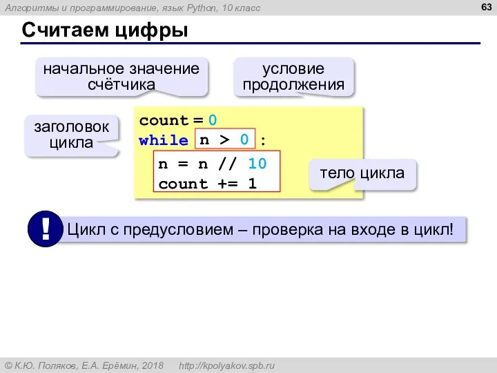 Считаем цифры count = 0 while : n = n // 10