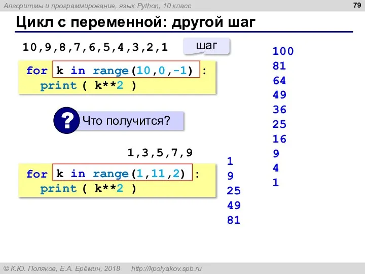 Цикл с переменной: другой шаг 100 81 64 49 36 25 16