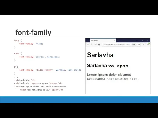 font-family body { font-family: Arial; } span { font-family: Courier, monospace; }